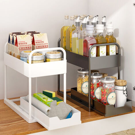 SiFree®Etagere de Rangement sous Evier Rack avec tiroir coulissant pour Cuisine et Salle de Bain-2 Niveaux-ABS Support de Rangement Organiseur Porte-épices noir