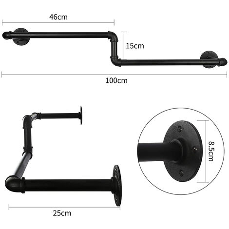 Porte-Vêtements Mural Industriel 60cm - Noir, Support 25kg