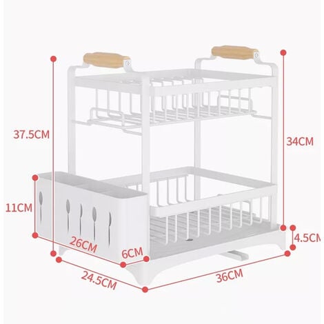 Égouttoir Vaisselle Double Niveau Couverts Cuisine Rangement 2 Étage,panier à couverts place pour assiette tasse bol -362637,5cm blanc