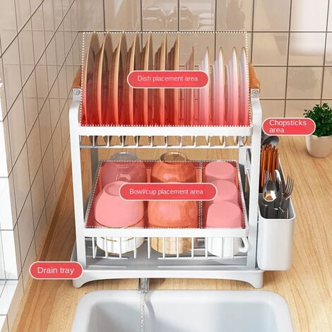 Égouttoir Vaisselle Double Niveau Couverts Cuisine Rangement 2 Étage,panier à couverts place pour assiette tasse bol -362637,5cm blanc
