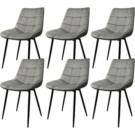 Lot de 6 Chaises de salle à manger, Siège moderne chaise à carreaux, rembourrées,surface en velours lisse-charge 120 kg-avec pieds en fer, gris clair (1/5)