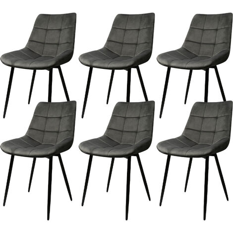 Lot de 6 Chaises de salle à manger, Siège moderne chaise à carreaux, rembourrées,surface en velours lisse-charge 120 kg-avec pieds en fer, gris foncé (1/5)