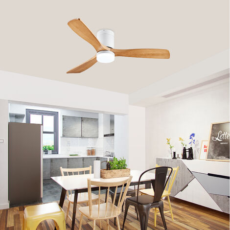 Ventilateur de plafond moteur pales en Bois massif avec lumière/Silencieux, tricolore à intensité variable Φ132H28cm -Couleur bûche + argent (1/5)