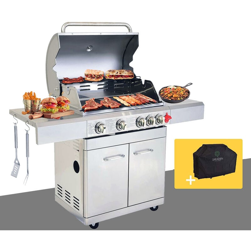 BBQ Grill PHÉNIX Barbacoa de Gas ACERO INOXIDABLE - 4 FUEGOS + 1 LUZ LATERAL y Termómetro, Potencia Total 17,5KW,incluido Parrilla / plancha gratis + Tapa