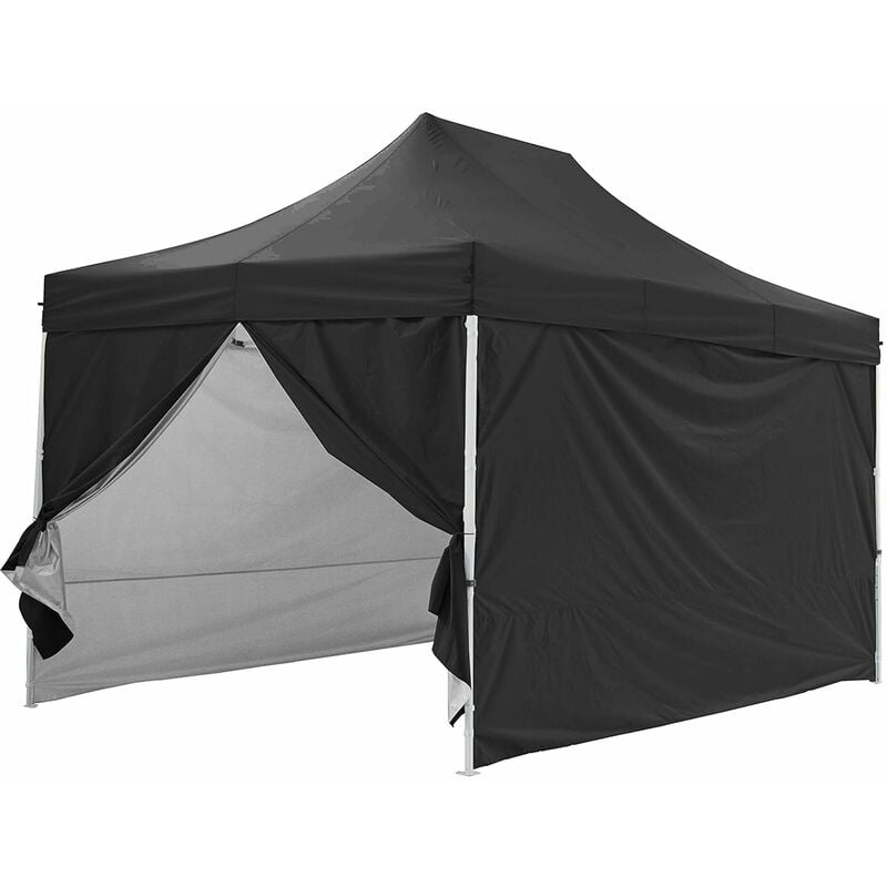 Carpa plegable negra + Pack laterales 3x4,5m PREMIUM LIGHT Tubo de acero de 32mm Lona 220g / m² 100% IMPERMEABLE RECUBIERTO DE PVC Barnum plegable + Bolsa de transporte