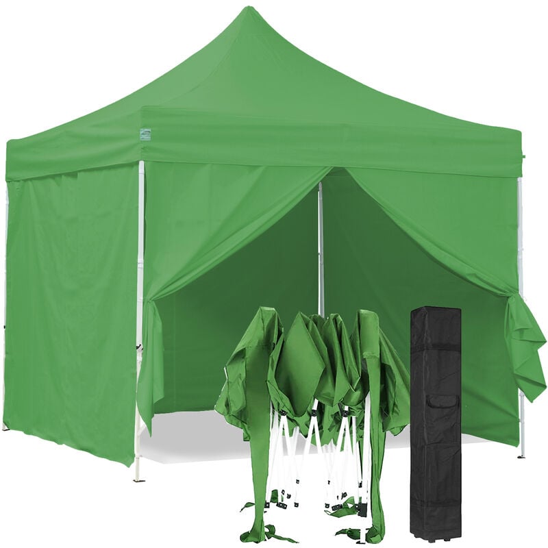 Carpa plegable verde + Pack laterales 3x3m PREMIUM LIGHT Tubo de acero de 32mm Lona 220g / m² 100% IMPERMEABLE RECUBIERTO PVC Barnum plegable + Bolsa de transporte