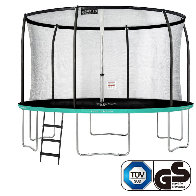 Trampolín 360cm + Escalera , Certificación GS/TÜV/CE Por Seguridad Probado, Exterior Equipo Jardín,Normas de la UE GREADEN,Verde