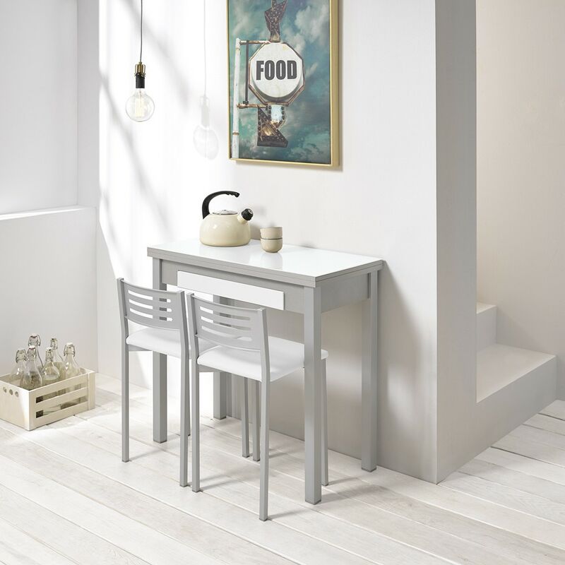 Mesa de cocina libro con encimera en cristal blanco óptico y con cajón  Andrea Dimensiones : 90 x 45 cm - Patas: Aluminio