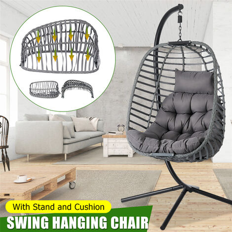 Foldable Hanging Egg Shaped Chair Rattan Swing Chair w/Cushion Garden Chair