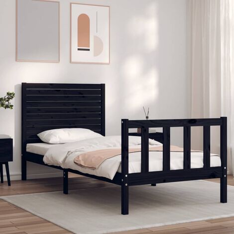 GoodValue Bed Frame with Headboard Black Single Solid Wood