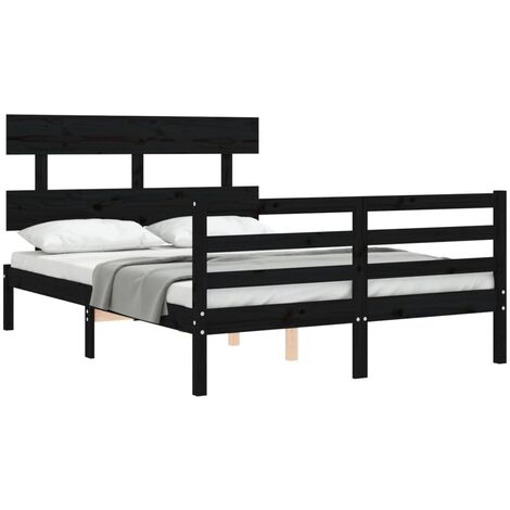 Goodvalue Bed Frame With Headboard Black Double Solid Wood