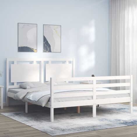 GoodValue Bed Frame with Headboard White King Size Solid Wood