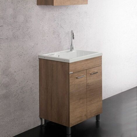 Mobile Lavatoio con 2 Ante in Legno Olmo Vaschetta in Resina Bagno Lavabo