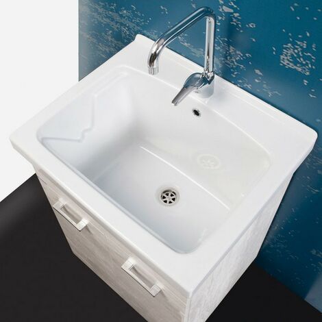 Mobile con lavatoio 60X50 con vasca in ceramica Colore Olmo Bianco