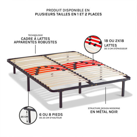 Cadre à lattes morphologique 90 x 190 cm – Zone de confort renforcée – Ajustement de fermeté – 8 pieds métal époxy gris – Maison Aubertin