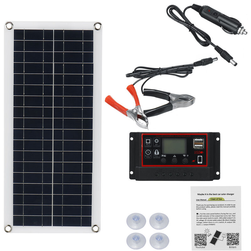 12V 30W Solarpanel + 100A Dual USB Flexibler polykristalliner Controller  mit tragbarem Notladeclip für Fahrzeuge und Schiffe Manta
