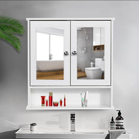 Bathroom Mirrored Cabinet Double Doors Wall Mounted Shelf Storage Cupboard