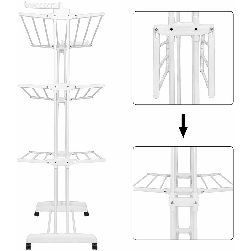 Séchoir à Linge Pliable Debout Peu Encombrant 3 Niveaux Grand Espace de  Séchage 6 Roues pour l'intérieur et l'extérieur Blanc