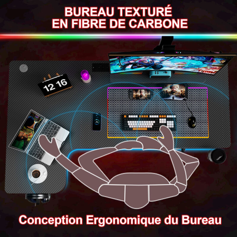 Bureau Gaming Ergonomique Dripex En Forme De L - Grand Table Ordinateur 160x100x75cm Avec Panier Boissons Et Crochet Casque
