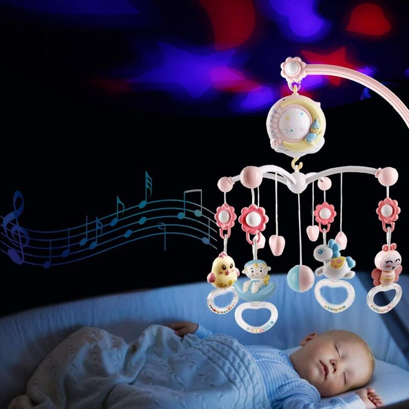 Aolkee Mobile musical pour lit bébé rotatif à 360 ° avec lumières Mobile bébé pour lit de bébé boîte à musique télécommandée mobile musical pour nouveau-né hochets rotatifs suspendus rose 