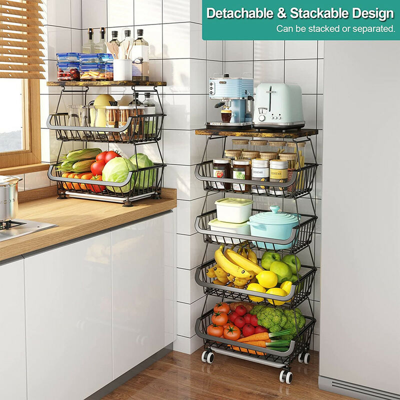 CarolynDesign Panier en fil métallique à 5 niveaux sur roulettes, bacs de rangement empilables pour cuisine, salon, chambre à coucher, salle de bain, étagères à légumes et fruits avec tiroirs