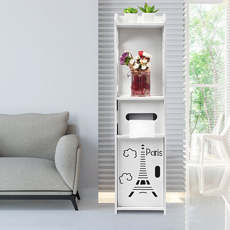 Skecten – Colonne de salle de bain blanche 80x20x20 cm – Armoire de rangement avec tiroirs – Matériau bois et plastique – Pour salle de bain et buanderie