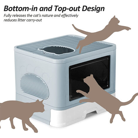 Bac à litière pour chat, grand bac à litière pliable avec brosse pour massage et pelle, bleu