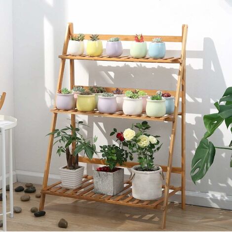Porte Plante Intérieur Bambou, Étagère Plante Extérieur 3 Niveaux Petite Support pour Plantes Pliable Échelle pour Fleur, pour Balcon Salon Jardin Terrasse, 70x40x96cm (1/5)