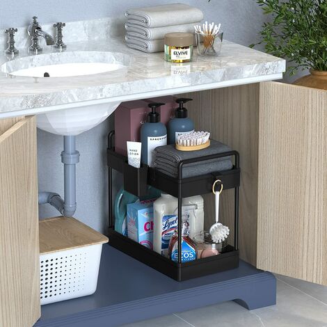 Organiseur à 2 Étagères Avec Pieds Antidérapants - Noir, Acier Carbone - Pour Cuisine, Salle De Bain, Sous Évier