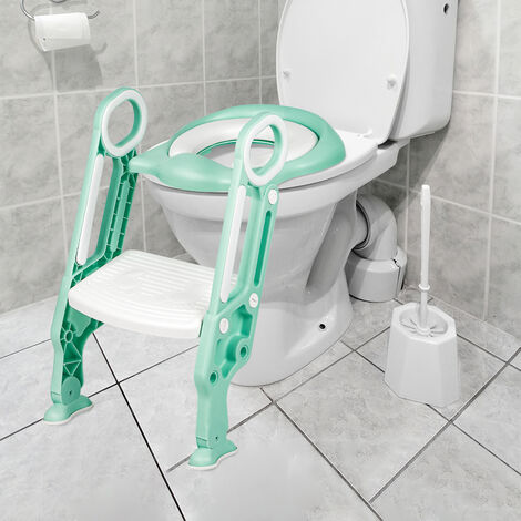 Siège de Toilette Enfant Pliable et Réglable, Reducteur de Toilette Bébé avec Marches Larges, Lunette de Toilette... (Blanc+Vert Clair)