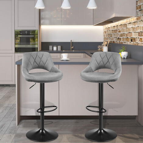 Tabouret de Bar Lot de 2 en Velours, Tabourets de Cuisine Hauteur Réglable, Gris (1/5)