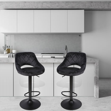 Tabouret de Bar Lot de 2 en Velours, Tabourets de Cuisine Hauteur Réglable, Noir (1/5)