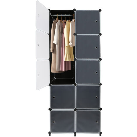 Armoire De Rangement Portable GLARRY - 10 Cubes, Avec Portes Et Tige Suspendue - 70x45x177 Cm - Noir Et Blanc
