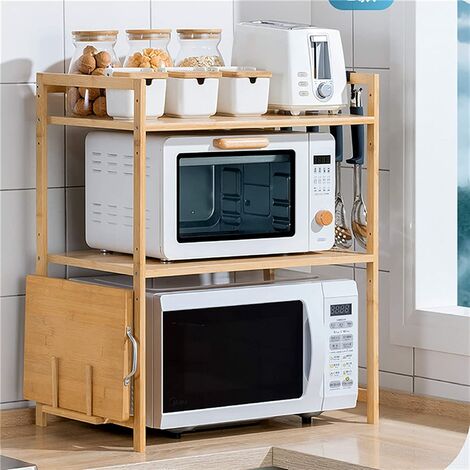 Skecten – Support de four à micro-ondes en bambou 3 couches – Étagère de rangement avec 4 crochets – Charge max 15 kg – Installation facile