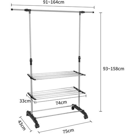 Portant à vêtements pliable à trois niveaux, autoportant, avec roulettes et ailes latérales, en