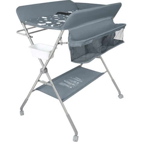 Table à langer pour bébé avec roues, station à langer pliante portable à hauteur réglable avec panier de rangement pour nouveau-né et nourrisson Gris Foncé