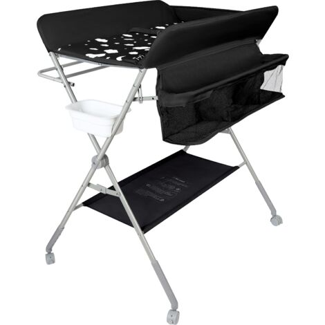 Table à langer pour bébé avec roues, station à langer pliante portable à hauteur réglable avec panier de rangement pour nouveau-né et nourrisson Noir