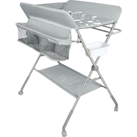 Table à langer pour bébé avec roues, station à langer pliante portable à hauteur réglable avec panier de rangement pour nouveau-né et nourrisson Gris Clair