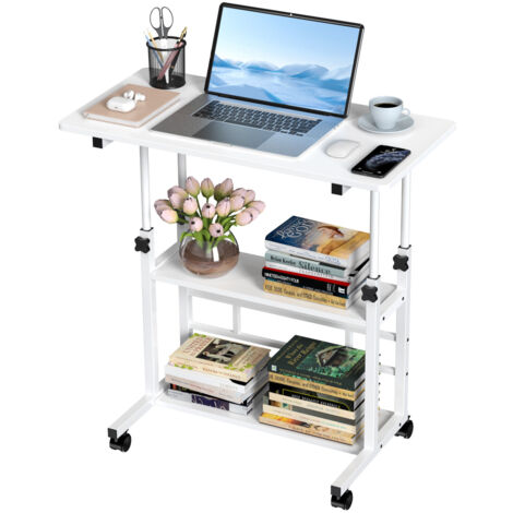 Table d'ordinateur Mobile de Bureau Réglable en Hauteur, Table d'étude Station de Travail avec 2 Etagères, 80x40x74.5-95.5cm, Blanc (1/5)