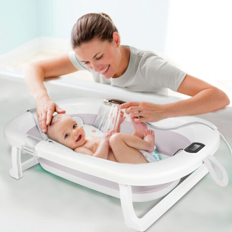 Baignoire Bébé Pliable avec Thermometre Digital, Baignoire Bébé avec Coussin, Baignoire Bébé avec Prise Pommeau de Douche, Ergonomique et Peu Encombrante, Convient Aux Bébés de 0 à 36 Mois, Gris