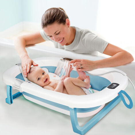 Baignoire Bébé Pliable avec Thermometre Digital, Baignoire Bébé avec Coussin, Baignoire Bébé avec Prise Pommeau de Douche, Ergonomique et Peu Encombrante, Convient Aux Bébés de 0 à 36 Mois, Vert