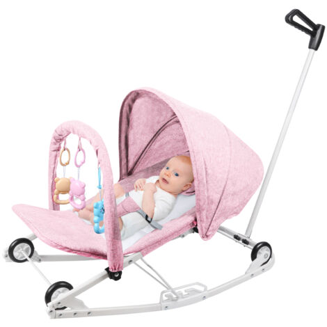 Transat/Poussette Bébé 2 en 1, avec Arche de Jeux et Têtière, Dossier Réglable sur 3 Positions, 4 Réglages de Vitesse, Pliage Compact 0-6 Mois Jusqu'à 9 kg (Rose)