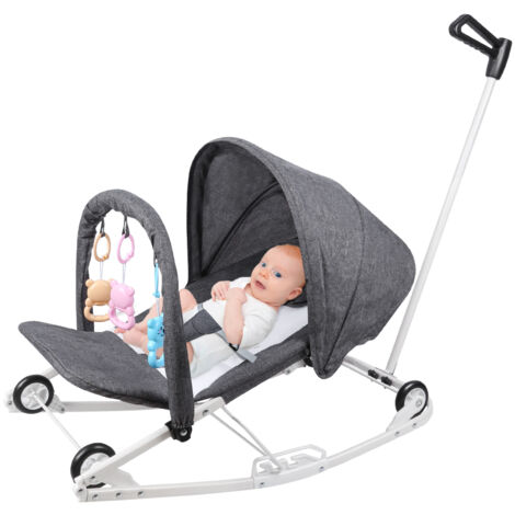 Transat/Poussette Bébé 2 en 1, avec Arche de Jeux et Têtière, Dossier Réglable sur 3 Positions, 4 Réglages de Vitesse, Pliage Compact 0-6 Mois Jusqu'à 9 kg (Gris)