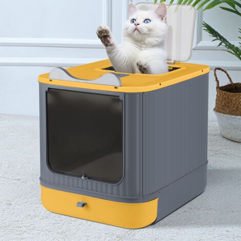 Bac à Litière pour Chats Couvert, Tiroir Amovible, Inclus une Pelle, Double Entrée Frontale et Supérieure avec Couvercle, Démontable, Jaune