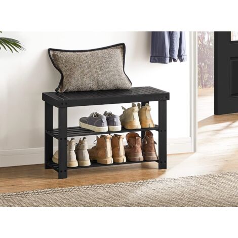 Banc Étagère à Chaussures en Bambou Naturel 3 Niveaux (Charge admissible: 120 kg) Idéal pour l’entrée, Salle de Bain, Salon, Couloir, Noir