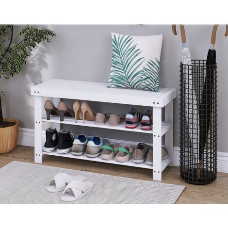 Banc Étagère à Chaussures en Bambou Naturel 3 Niveaux (Charge admissible: 120 kg) Idéal pour l’entrée, Salle de Bain, Salon, Couloir, Blanc