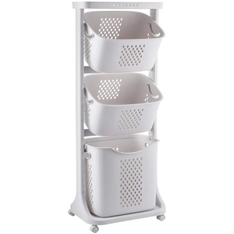 Chariot à Linge, Panier à Linge, Corbeille à Linge avec 3 Paniers Amovibles et 4 Roulettes, Blanc (1/5)