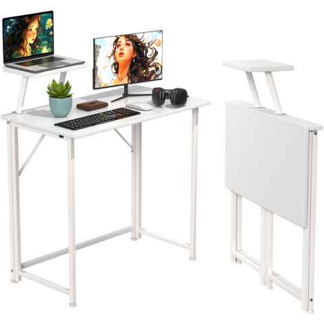 Bureau Pliant, Bureau d'ordinateur, Gain de Place, Convient pour la Maison ou le Bureau, 80 x 45 x 75 cm, Blanc (1/5)