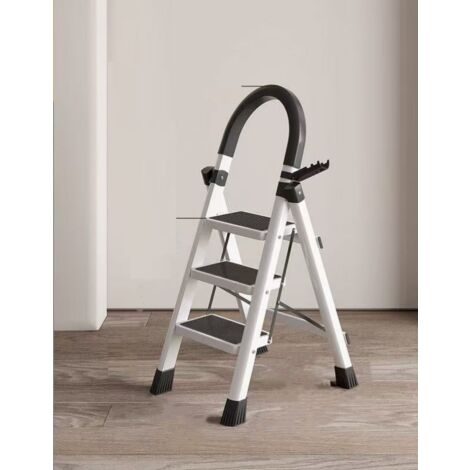 Échelle, en Acier au Carbone, Escabeau, Pliable, Plateau à Outil, Pieds Antidérapants, Capacité de Charge 150 kg, 3 Marches, Blanc