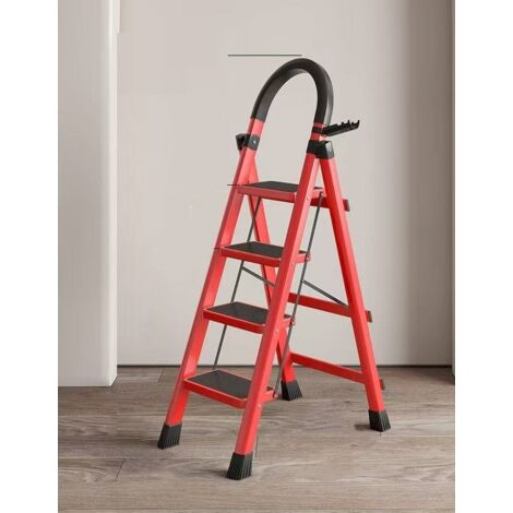 Échelle, en Acier au Carbone, Escabeau, Pliable, Plateau à Outil, Pieds Antidérapants, Capacité de Charge 150 kg, 4 Marches, Rouge